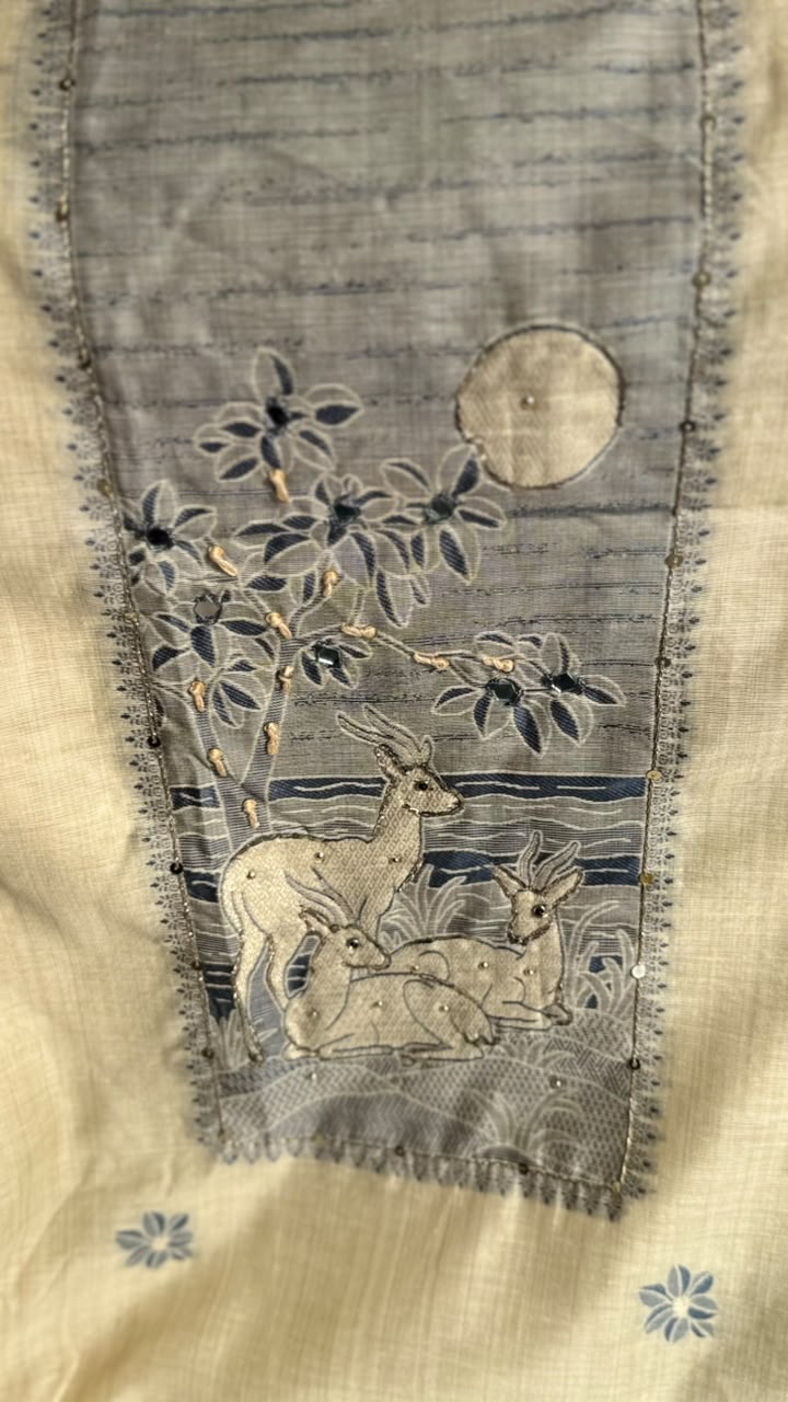 Ivory Deer Motif Embroidered Linen Suit Set