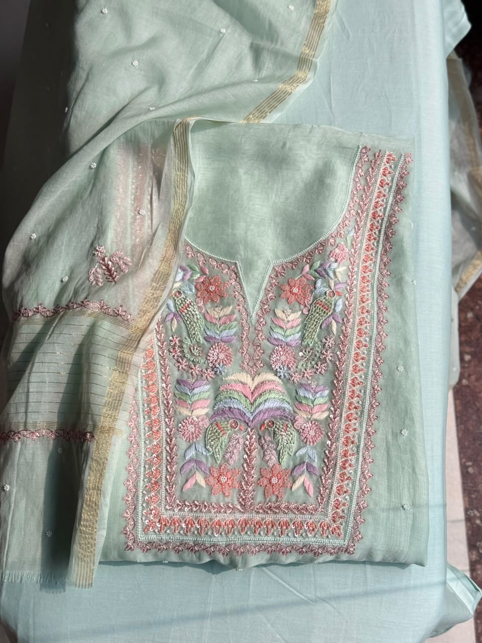 Mint Green Hand Embroidered Organza Suit Set