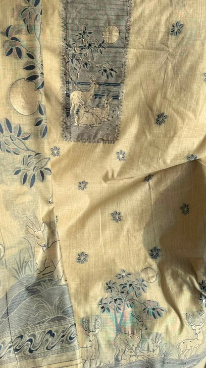Ivory Deer Motif Embroidered Linen Suit Set