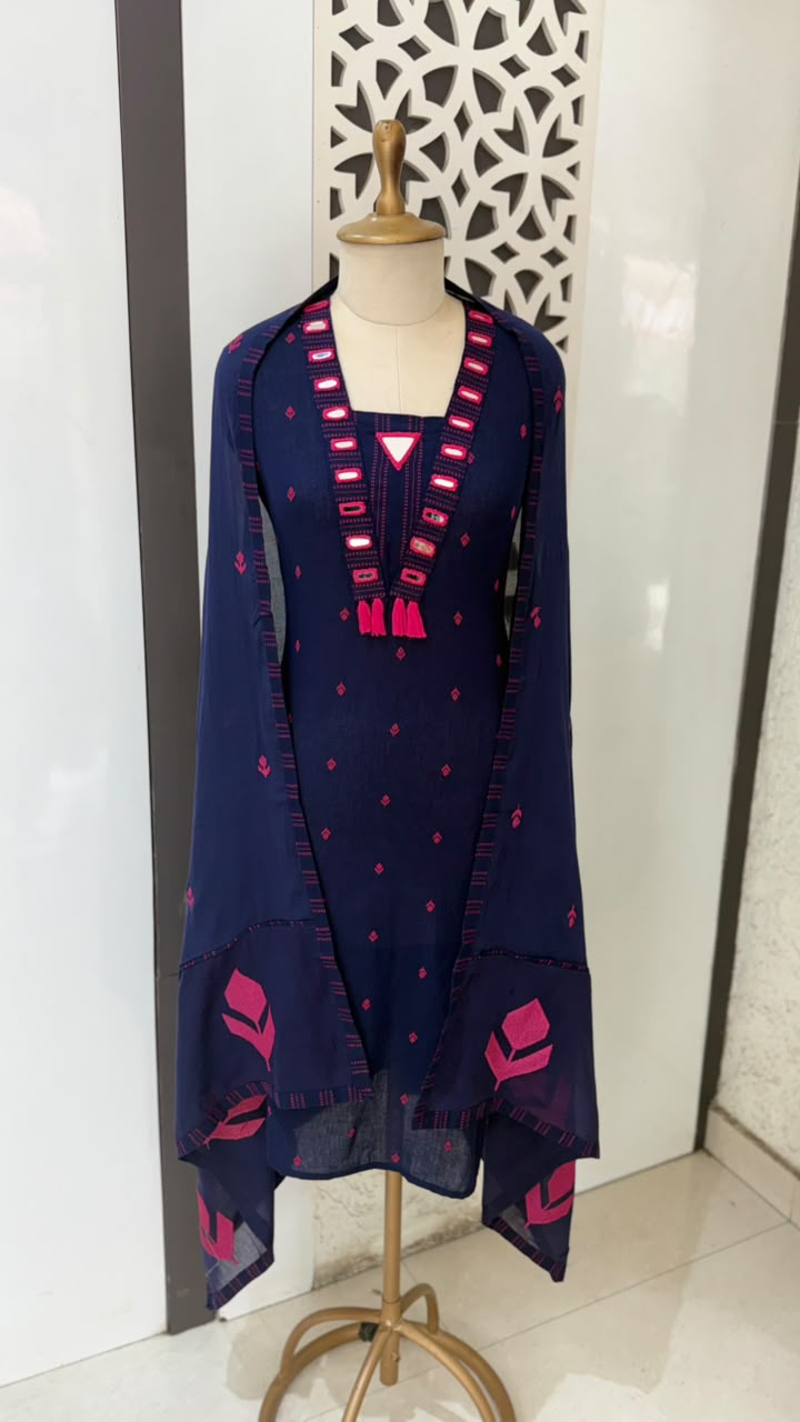 Midnight Blue Embroidered Cotton Suit Set