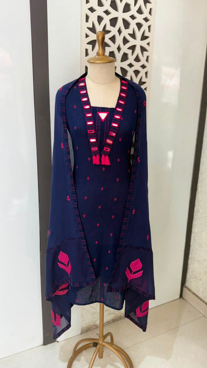 Midnight Blue Embroidered Cotton Suit Set