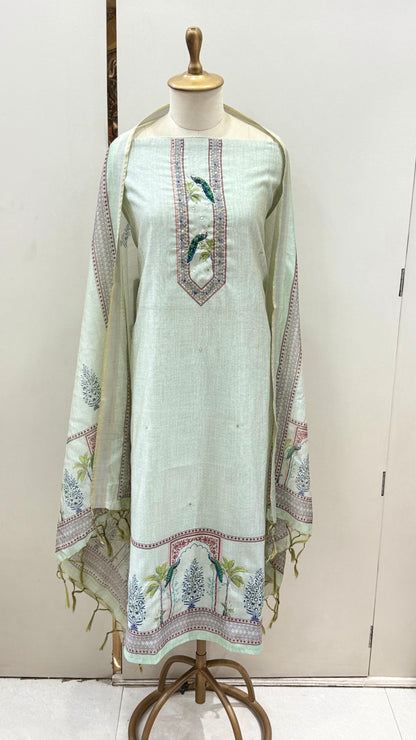 Mint Green Peacock Printed Linen Suit Set