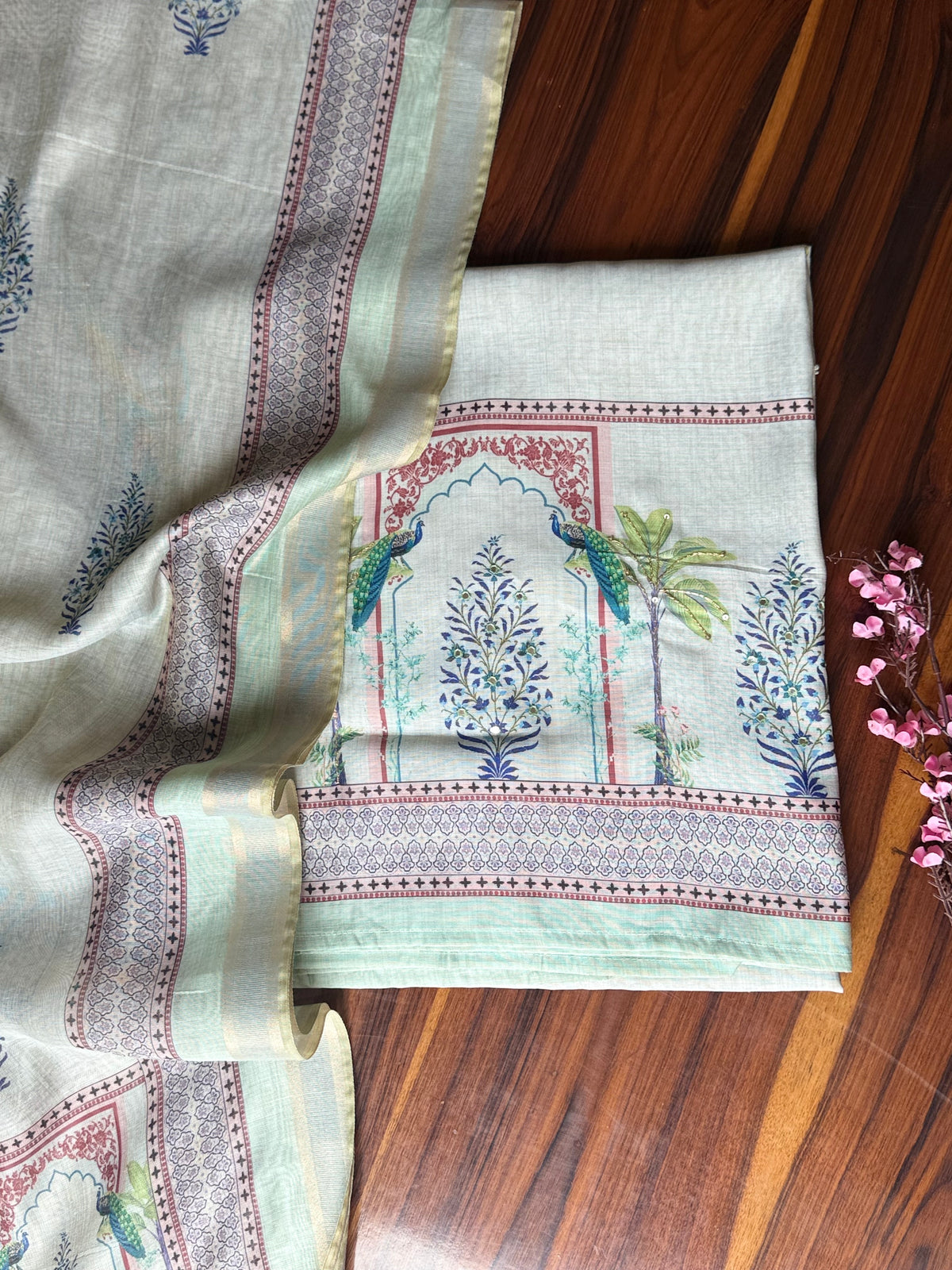 Mint Green Peacock Printed Linen Suit Set