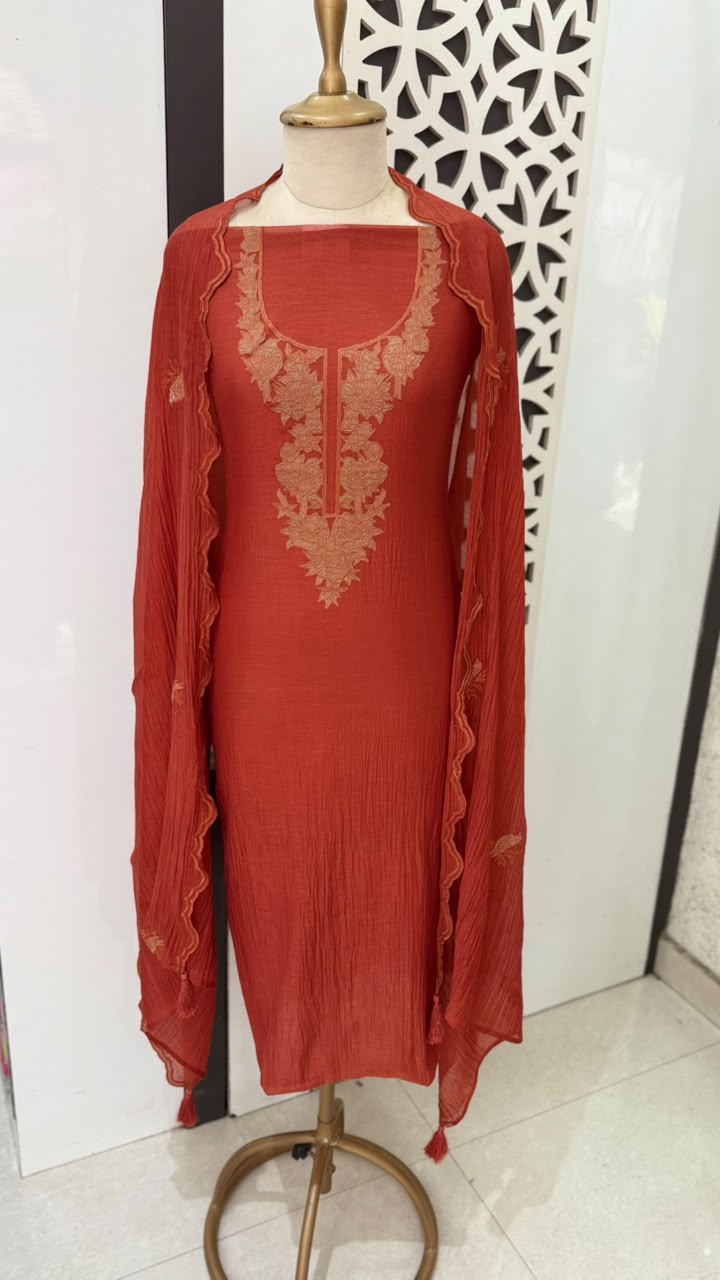 Coral Red Floral Embroidered Cotton Suit Set