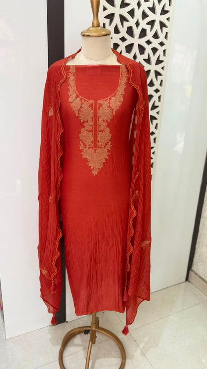 Coral Red Floral Embroidered Cotton Suit Set