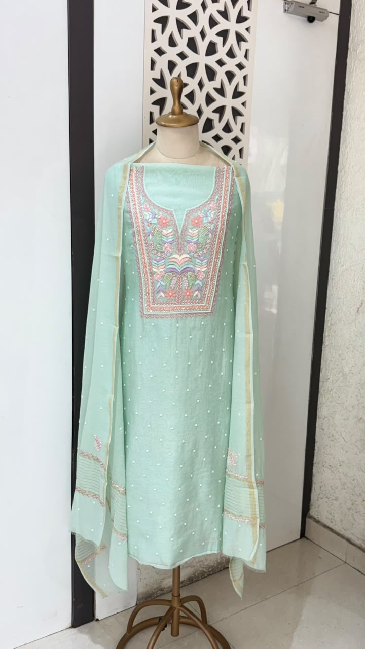 Mint Green Hand Embroidered Organza Suit Set