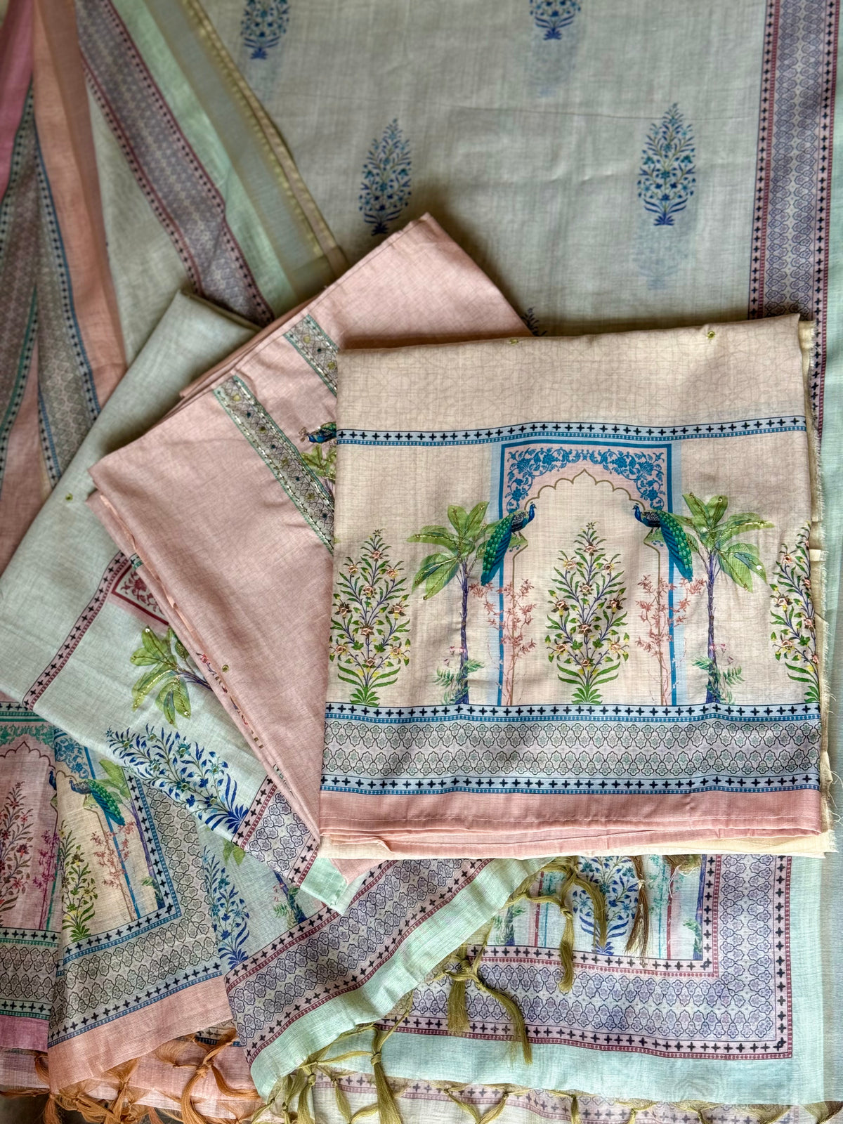 Mint Green Peacock Printed Linen Suit Set