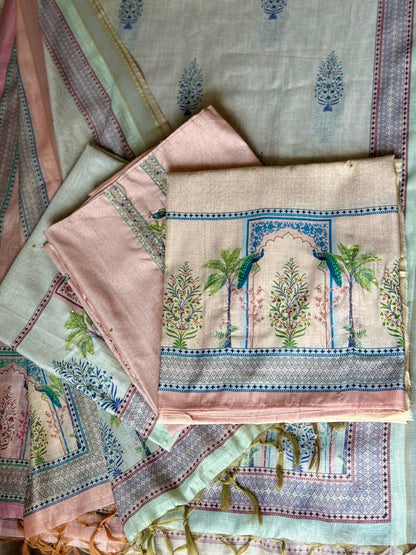 Mint Green Peacock Printed Linen Suit Set