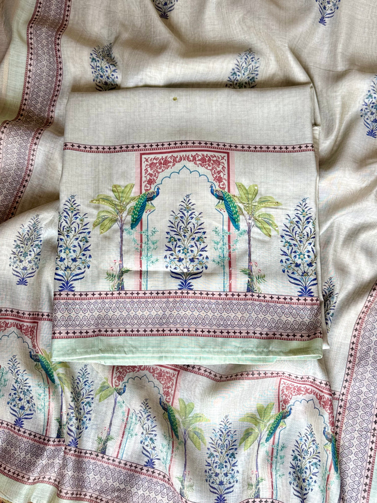 Mint Green Peacock Printed Linen Suit Set