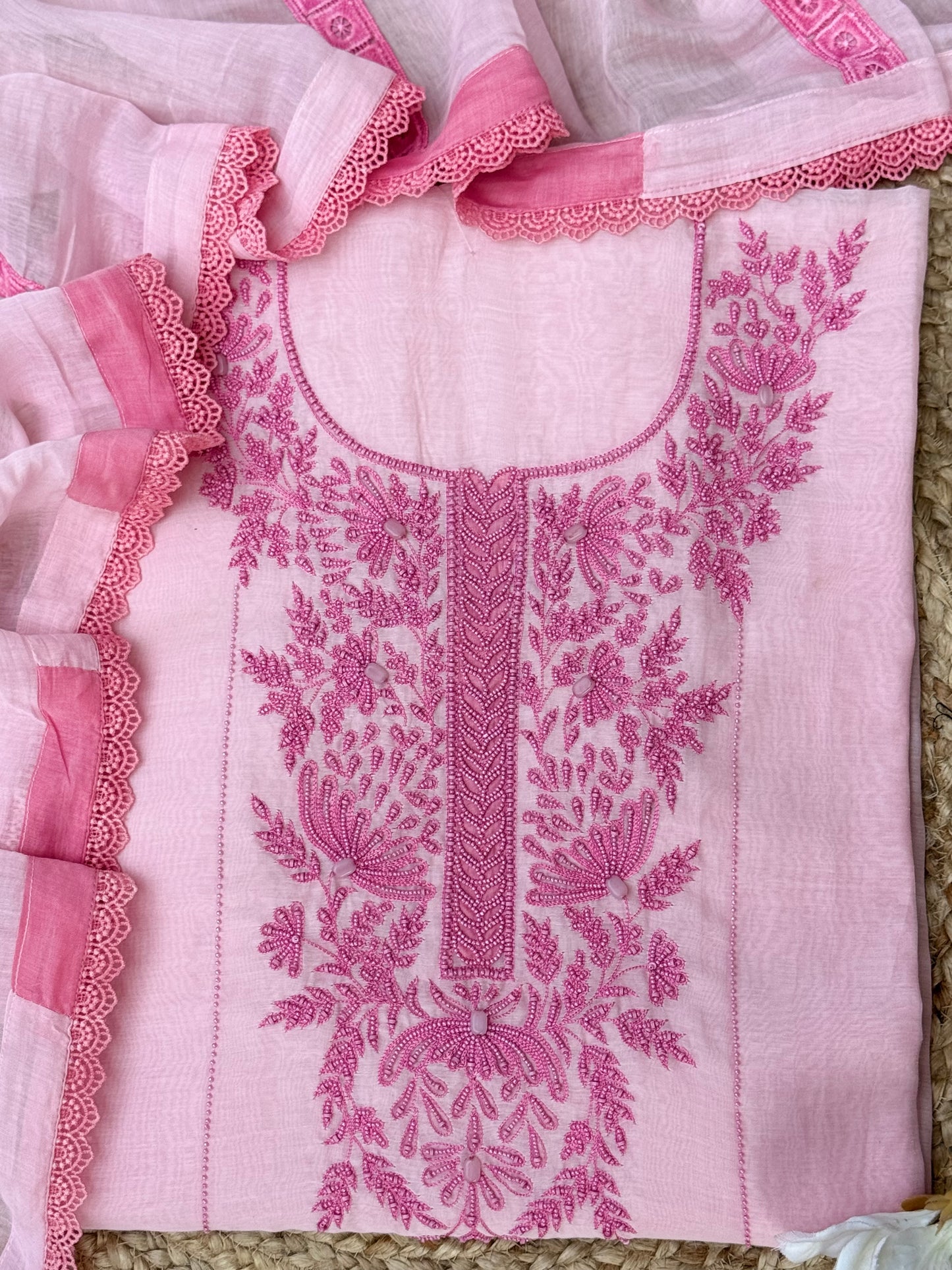Pastel Pink Hand Work Pure Mul Chanderi U000003