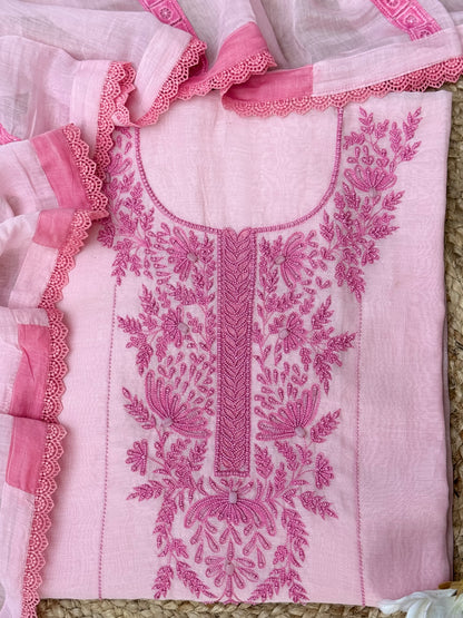 Pastel Pink Hand Work Pure Mul Chanderi U000003