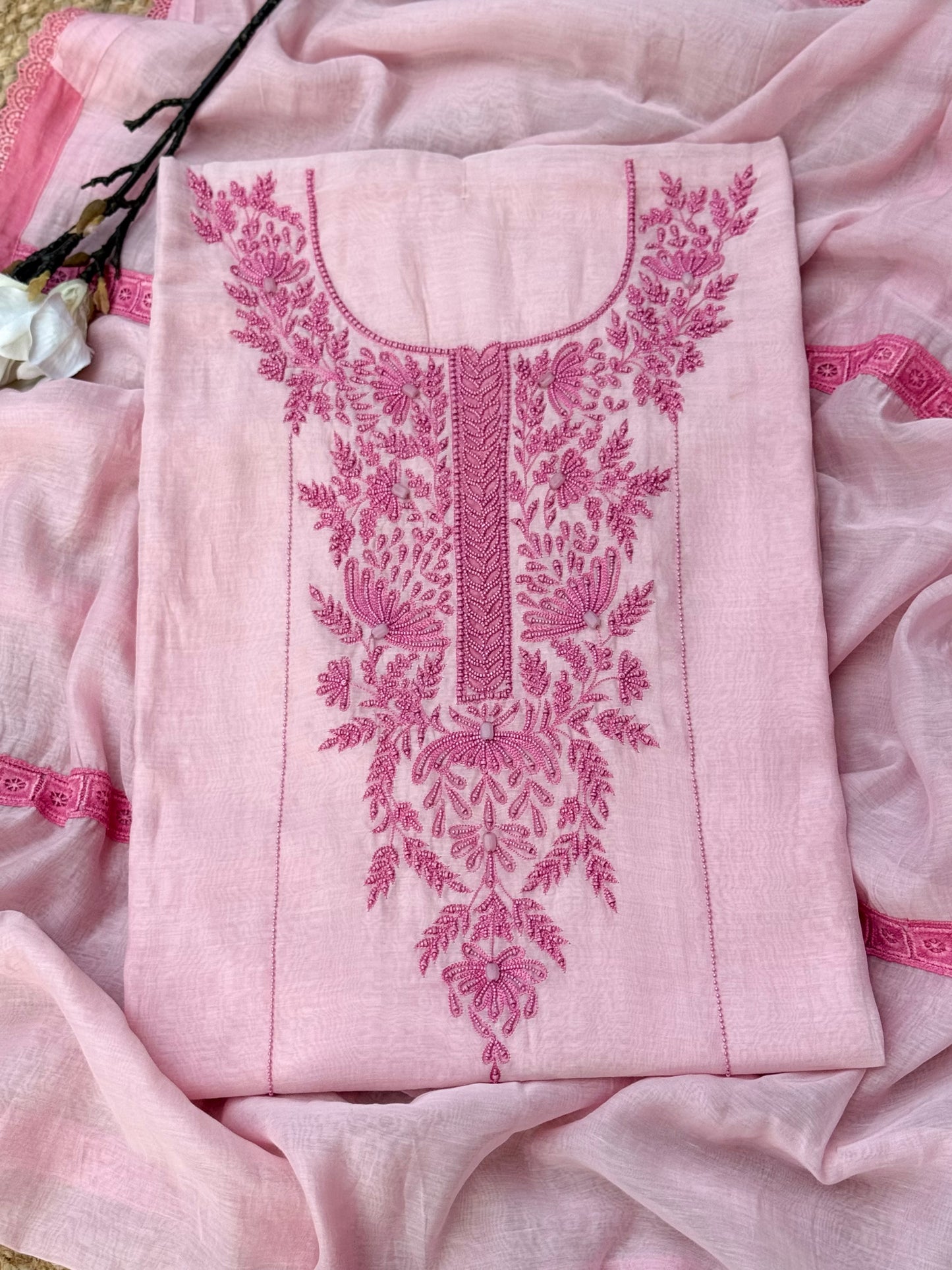 Pastel Pink Hand Work Pure Mul Chanderi U000003