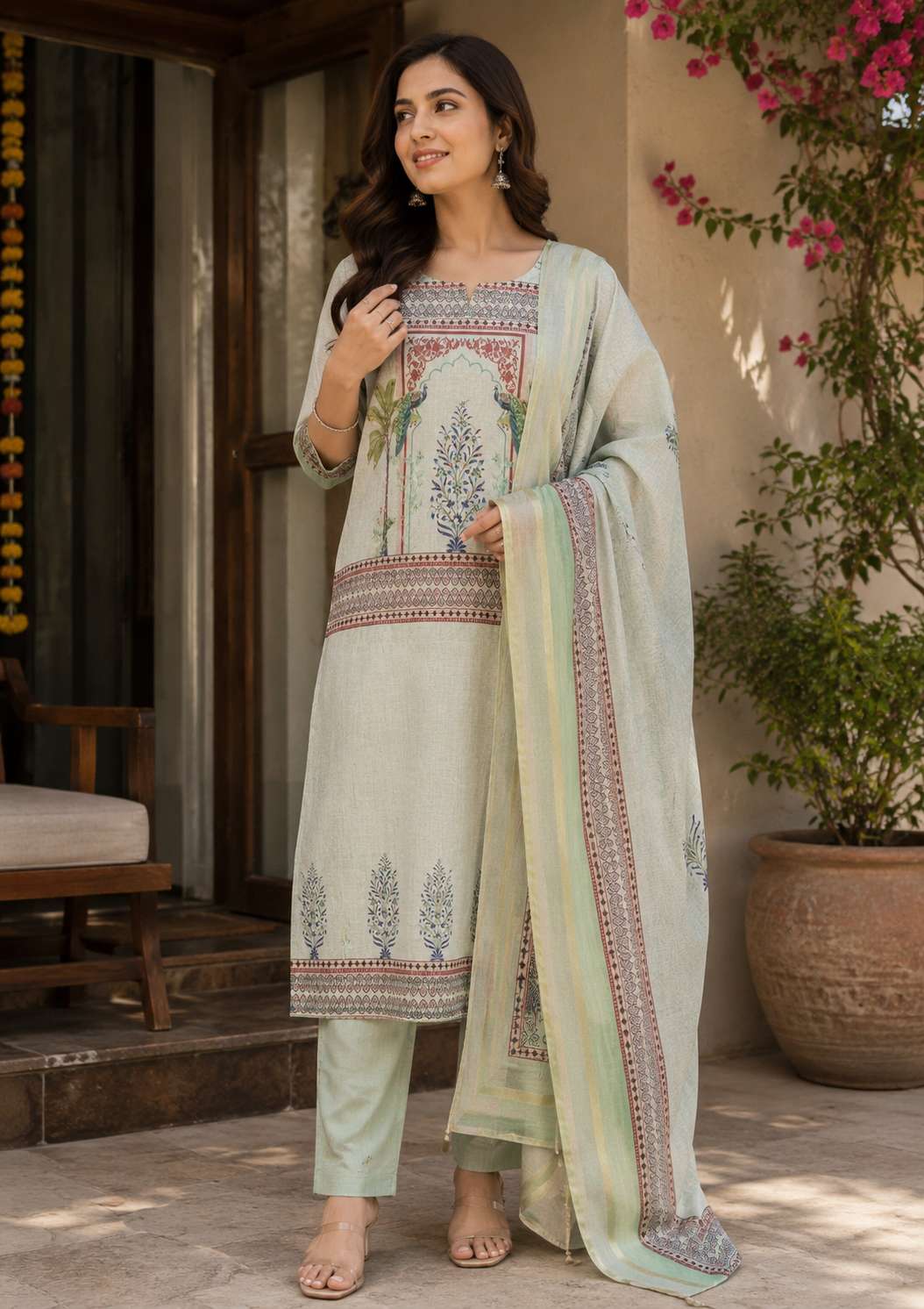 Mint Green Peacock Printed Linen Suit Set
