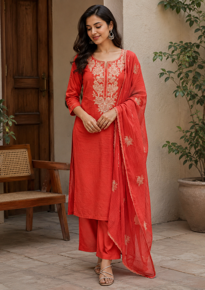 Coral Red Floral Embroidered Cotton Suit Set