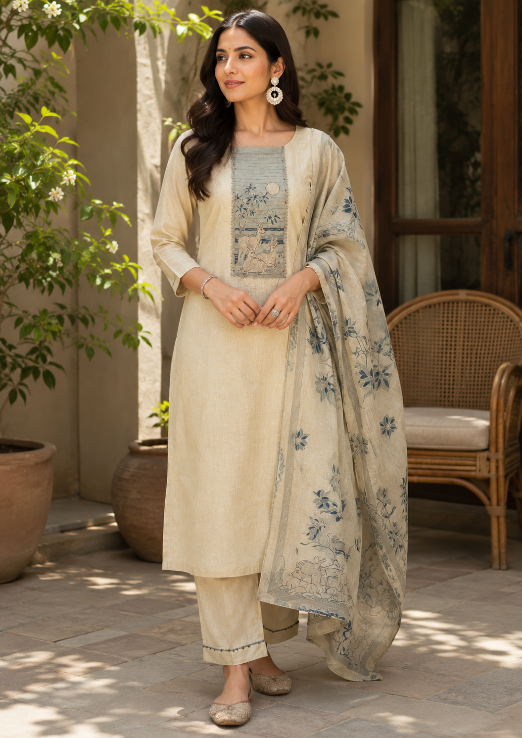 Ivory Deer Motif Embroidered Linen Suit Set