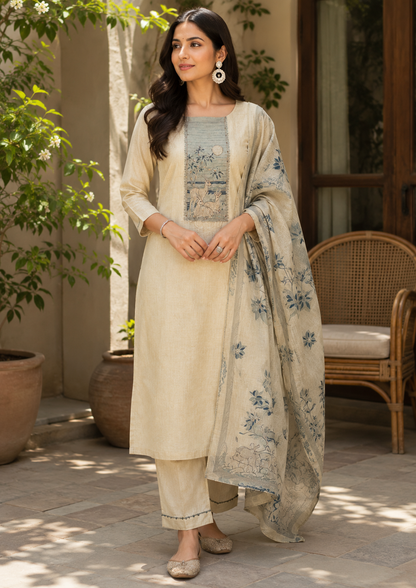 Ivory Deer Motif Embroidered Linen Suit Set