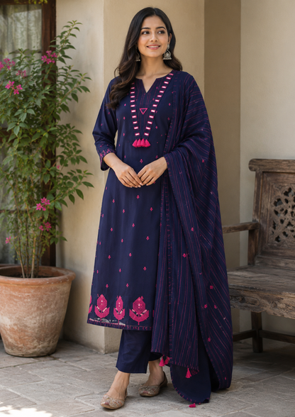 Midnight Blue Embroidered Cotton Suit Set