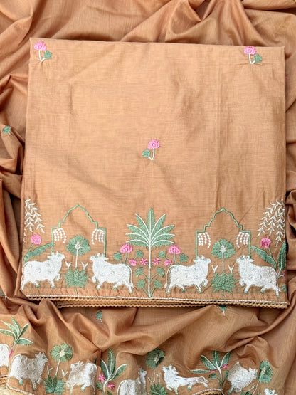 Mul Chanderi Thread Embroidery Unstitch Suit Set U000001