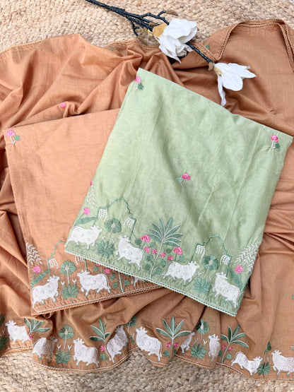 Pichwai Mul Thread Embroidery Unstitch Suit Set U000002B