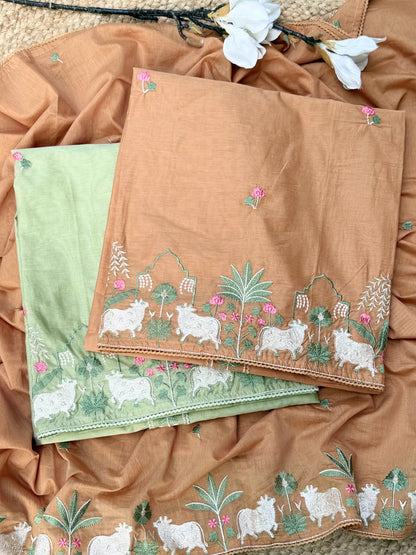Mul Chanderi Thread Embroidery Unstitch Suit Set U000001