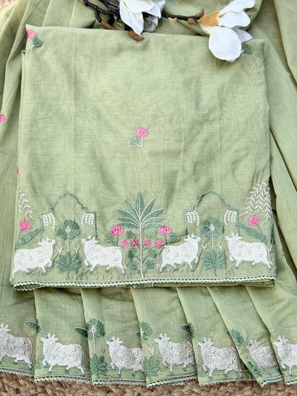 Pichwai Mul Thread Embroidery Unstitch Suit Set U000002B