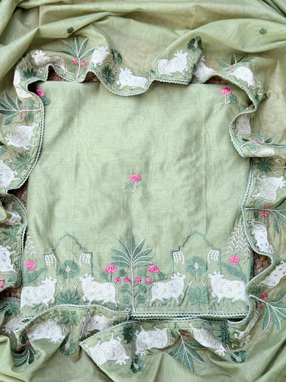 Pichwai Mul Thread Embroidery Unstitch Suit Set U000002B