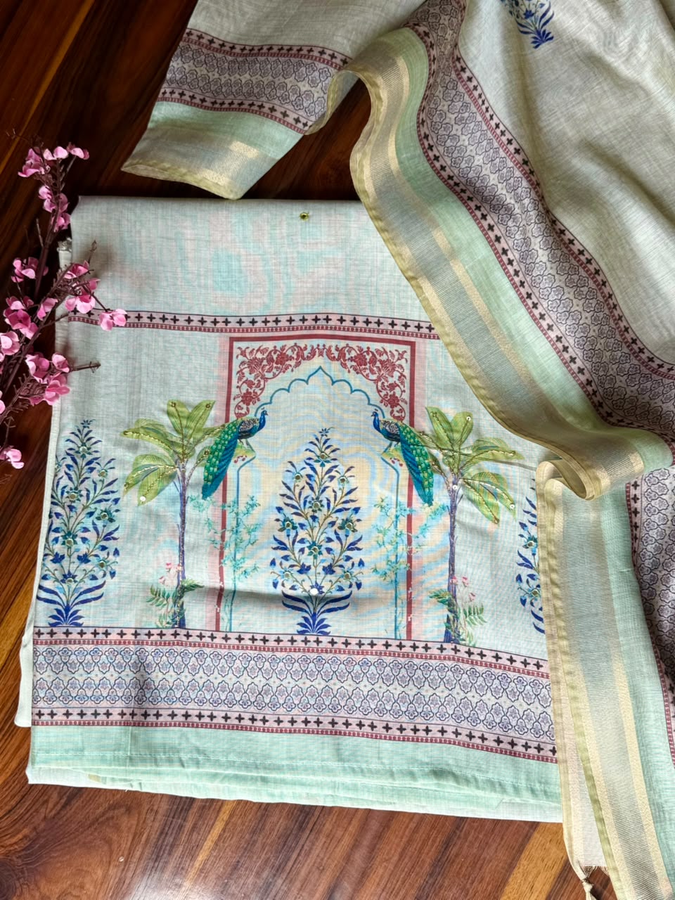 Mint Green Peacock Printed Linen Suit Set