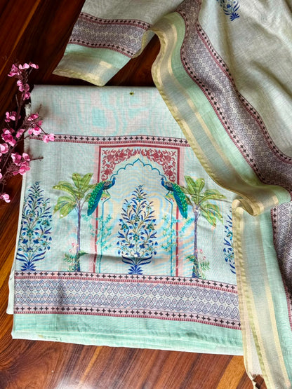 Mint Green Peacock Printed Linen Suit Set