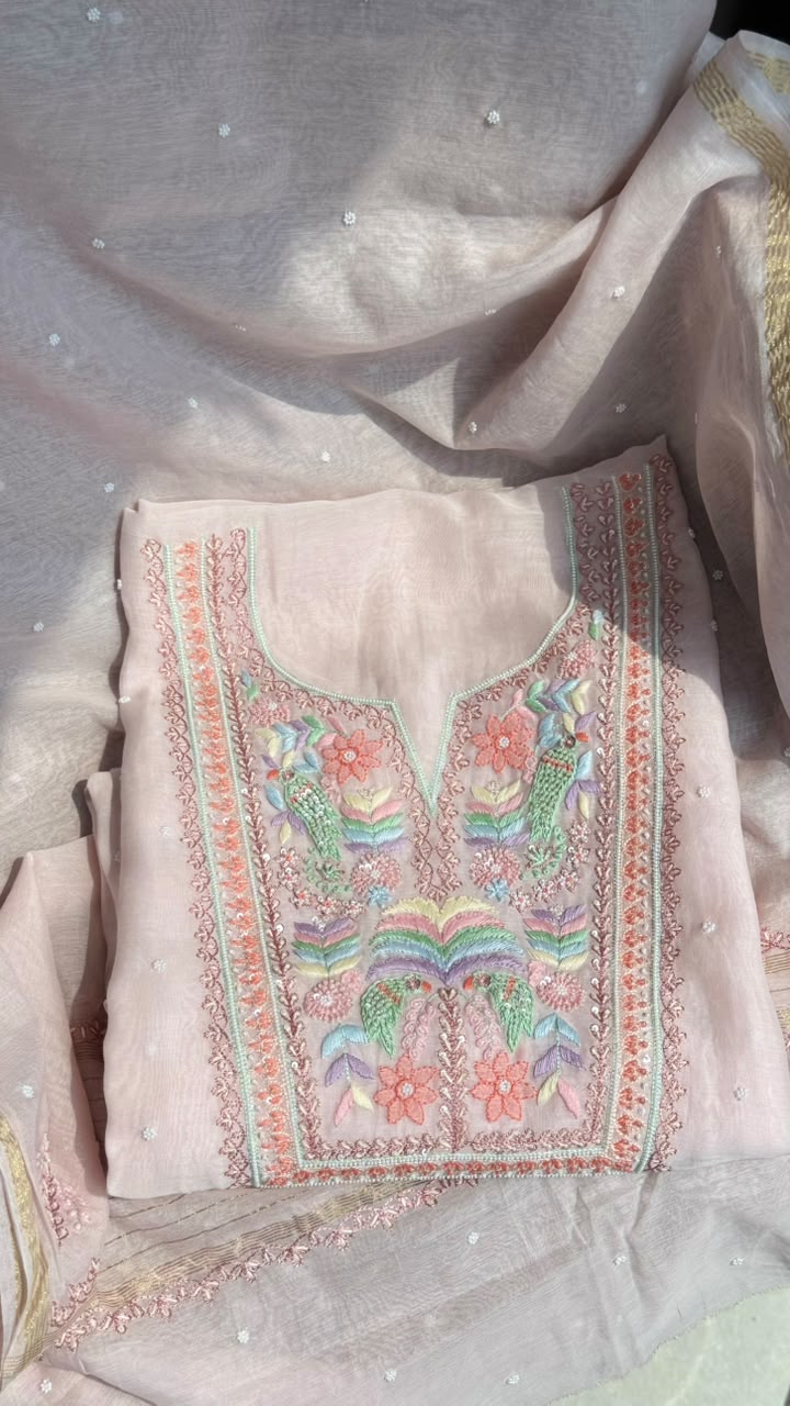 Pastel Pink Hand Embroidered Organza Suit Set