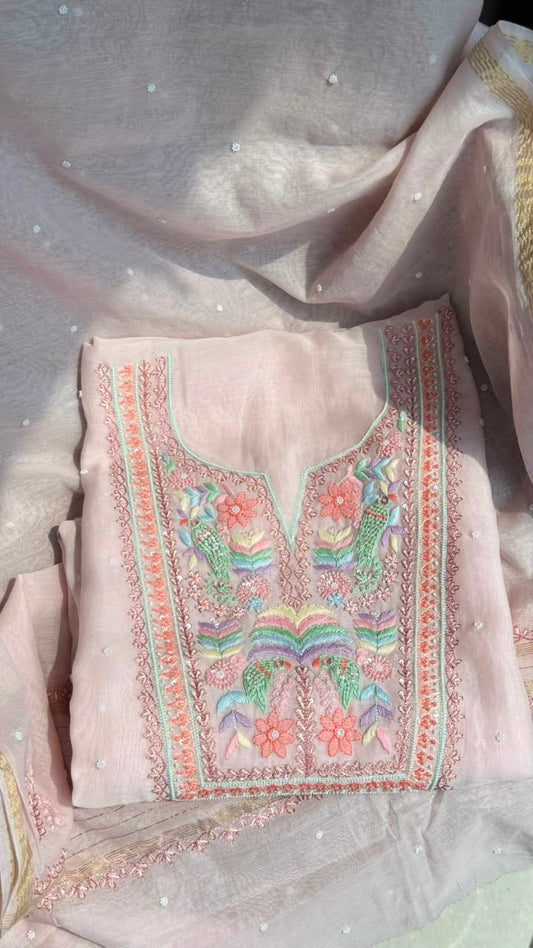 Pastel Pink Hand Embroidered Organza Suit Set