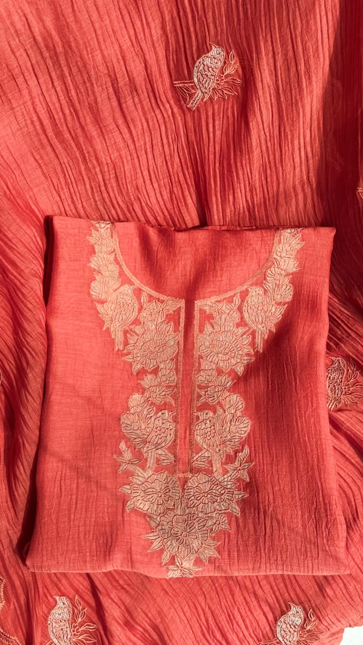 Coral Red Floral Embroidered Cotton Suit Set