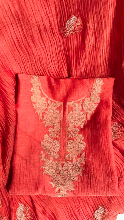 Coral Red Floral Embroidered Cotton Suit Set