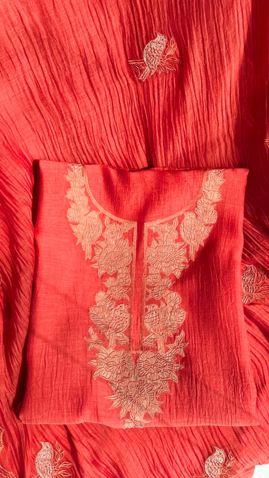 Coral Red Floral Embroidered Cotton Suit Set