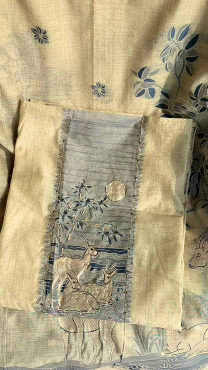 Ivory Deer Motif Embroidered Linen Suit Set