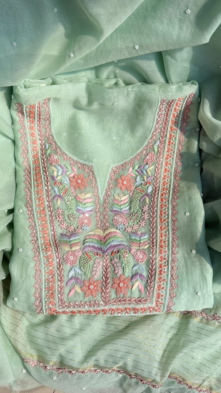 Mint Green Hand Embroidered Organza Suit Set