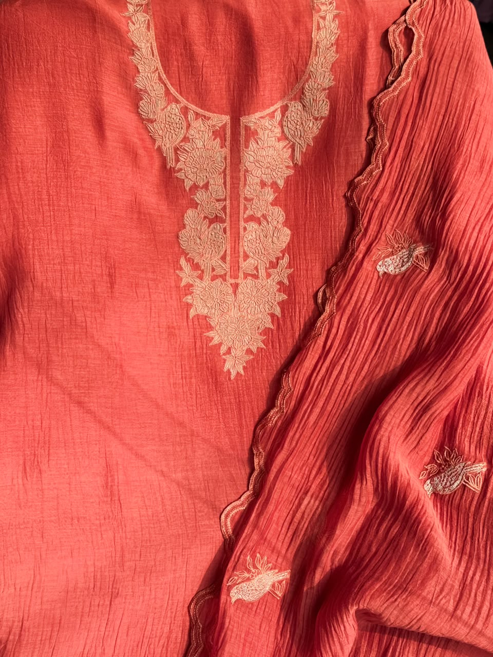 Coral Red Floral Embroidered Cotton Suit Set
