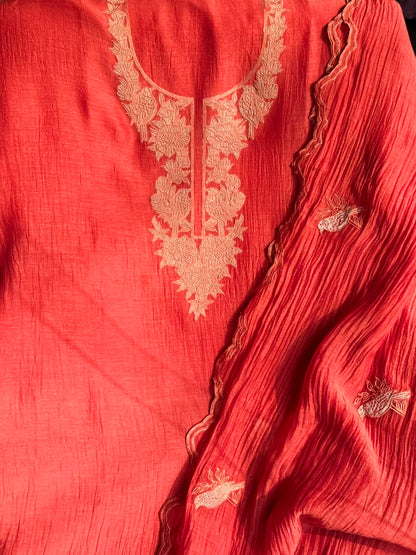 Coral Red Floral Embroidered Cotton Suit Set