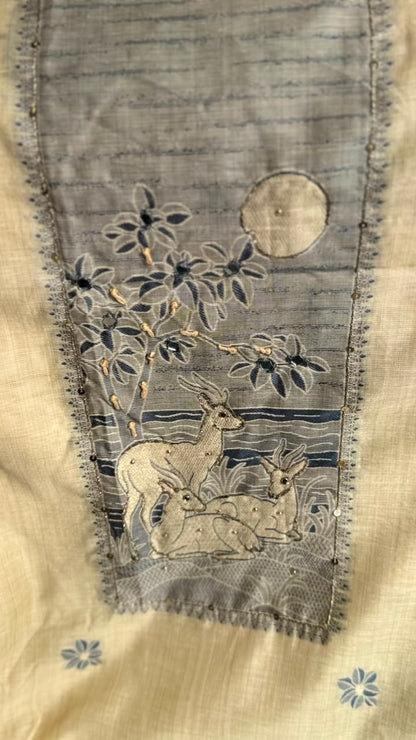 Ivory Deer Motif Embroidered Linen Suit Set